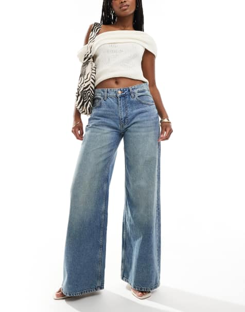 Bershka - Jean large à taille haute - Bleu moyen délavé effet sali - view 1