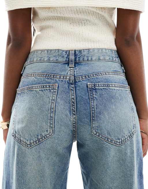 Bershka - Jean large à taille haute - Bleu moyen délavé effet sali, 4 de 5