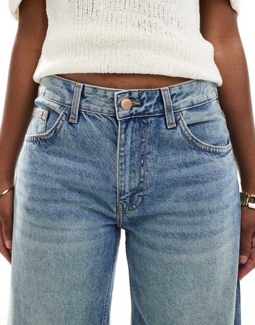Bershka - Jean large à taille haute - Bleu moyen délavé effet sali, 5 de 5