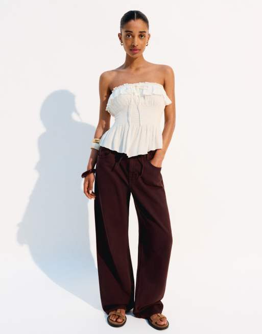 Bershka - Jean large léger - Marron