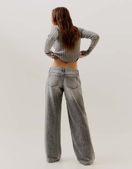 Bershka jean large taille basse gris clair, 3 de 5