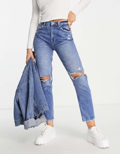 Bershka - Jean mom avec déchirures - Bleu moyen
