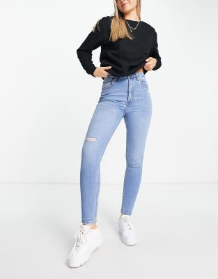 Bershka - Jean skinny à taille haute - Bleu clair