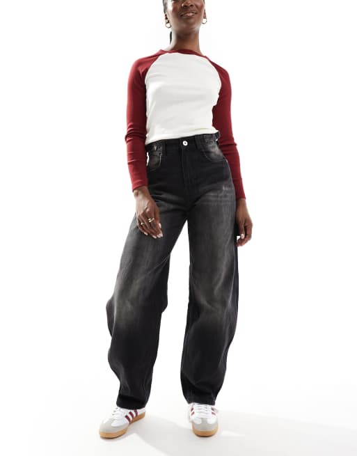 Bershka - Jean style charpentier à taille réglable - Noir délavé