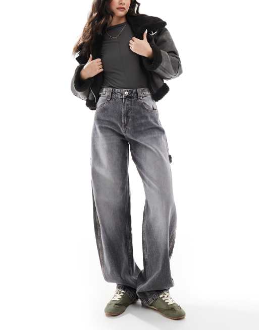 Bershka - Jean style charpentier avec taille réglable - Gris