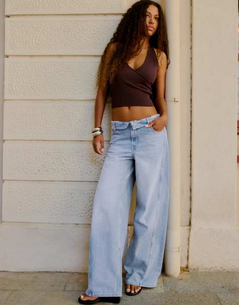 Bershka - Jeans a cilindro con risvolto in vita blu medio - view 1