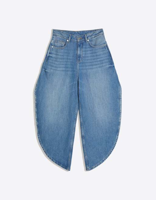 Bershka - Jeans a fondo ampio blu medio con spacco laterale, 4 di 4