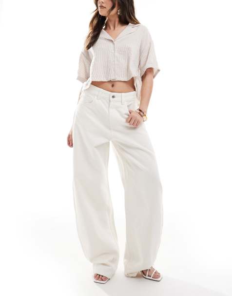 Bershka - Jeans a fondo ampio e vita alta écru - view 1