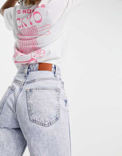 Bershka - Jeans a fondo ampio lavaggio blu candeggiato anni '90 con strappi, 3 di 4