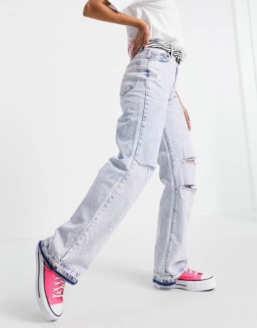 Bershka - Jeans a fondo ampio lavaggio blu candeggiato anni '90 con strappi, 4 di 4