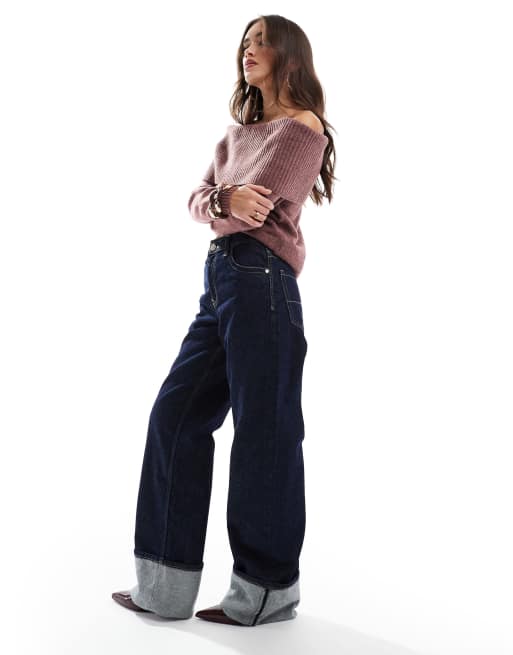 Bershka Jeans a fondo ampio lavaggio scuro con risvolto ASOS