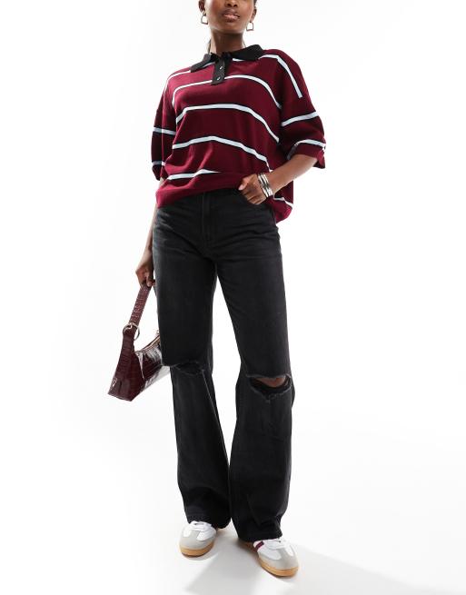 Bershka - Jeans a fondo ampio neri con strappi sulle ginocchia