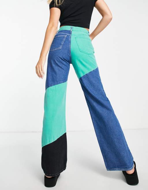 Bershka - Jeans a fondo ampio patchwork in verde, blu e nero, 3 di 4