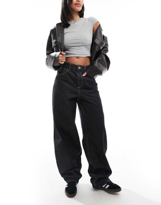 Bershka - Jeans a fondo super ampio neri con cuciture a contrasto