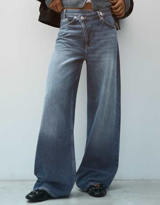 Bershka jeans a gamba ampia con vita incrociata navy, 4 di 5