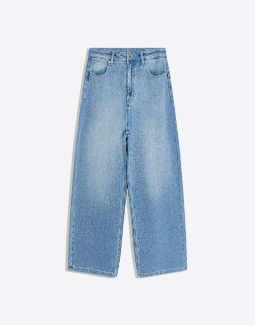 Bershka jeans a gamba bombata testurizzati in blu medio, 5 di 5