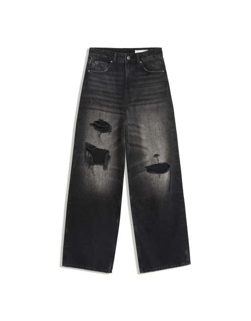 Bershka - Jeans a vita alta e fondo ampio neri con strappi, 2 di 2