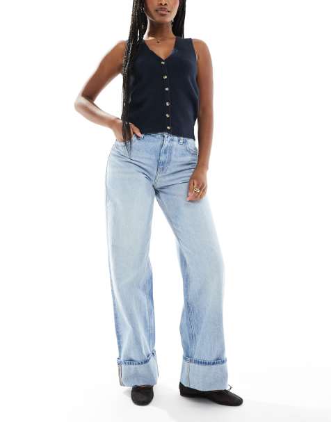 Bershka - Jeans ampi a fondo ampio con risvolto blu lavaggio chiaro - view 1