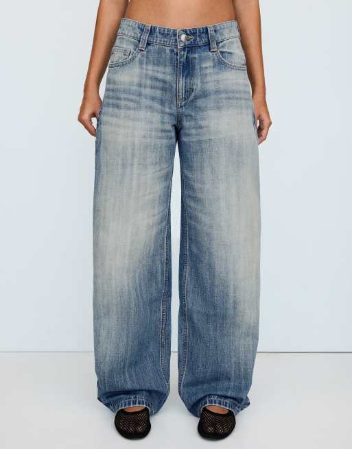 Bershka - Jeans ampi a vita bassa blu con gamba bombata, 2 di 5