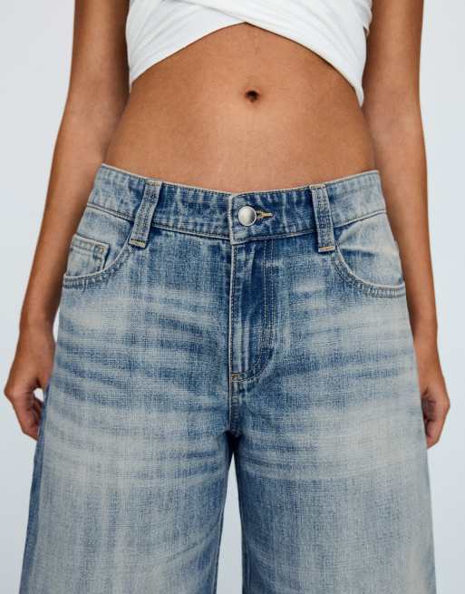 Bershka - Jeans ampi a vita bassa blu con gamba bombata, 4 di 5