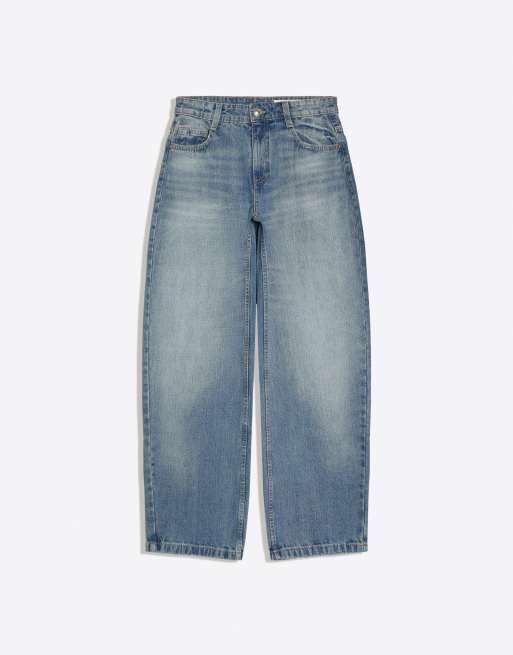 Bershka - Jeans ampi a vita bassa blu con gamba bombata, 5 di 5