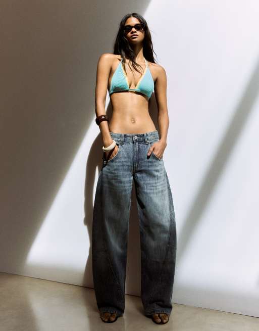 Bershka - Jeans ampi a vita bassa blu medio con gamba bombata, 3 di 4