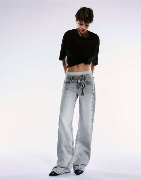 Bershka - Jeans ampi grigio chiaro con stelle e borchie - view 1