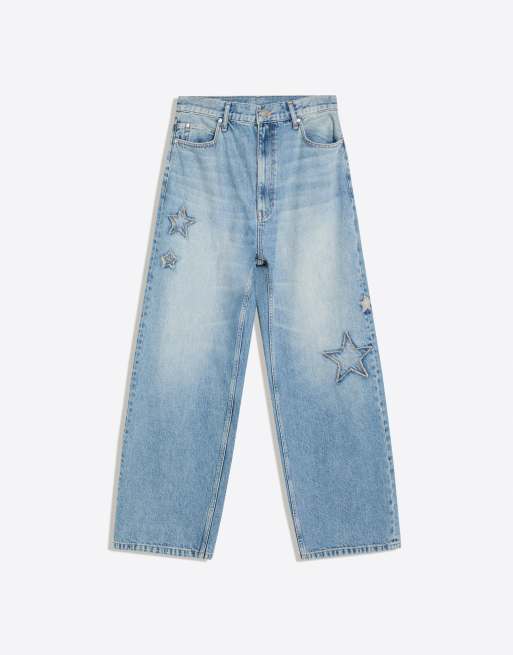 Bershka jeans baggy con stampa e toppe blu, 5 di 5