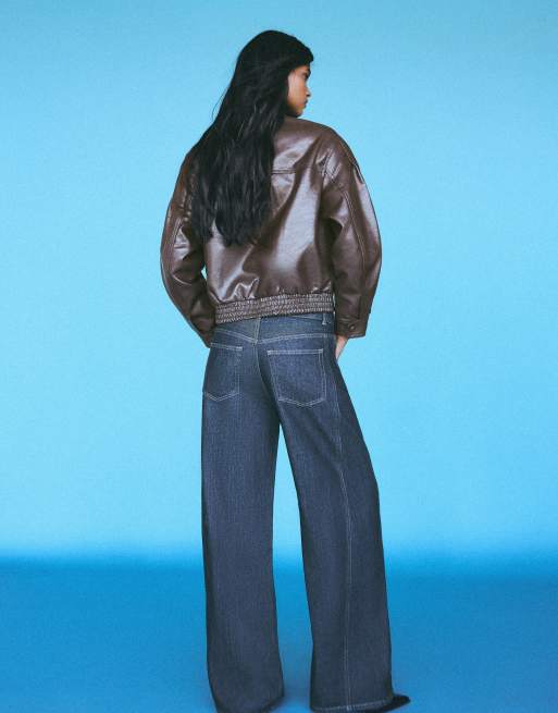 Bershka jeans barrel a vita alta blu, 3 di 5
