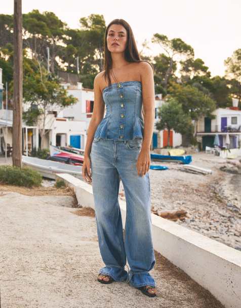 Bershka jeans barrel a vita alta con lacci blu medio - view 1