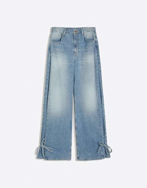 Bershka jeans barrel a vita alta con lacci blu medio, 5 di 5