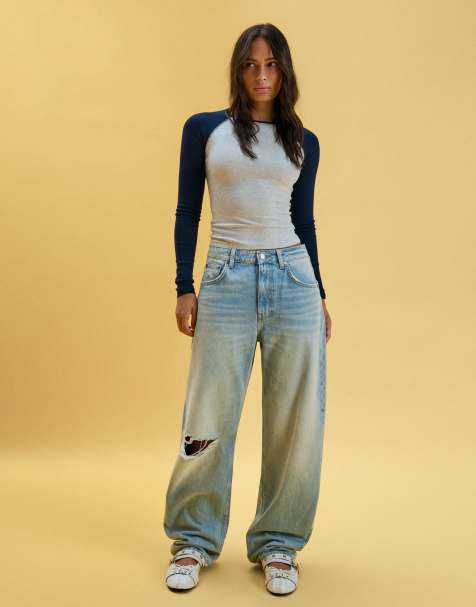 Bershka jeans barrel ampi con strappi blu medio - view 1