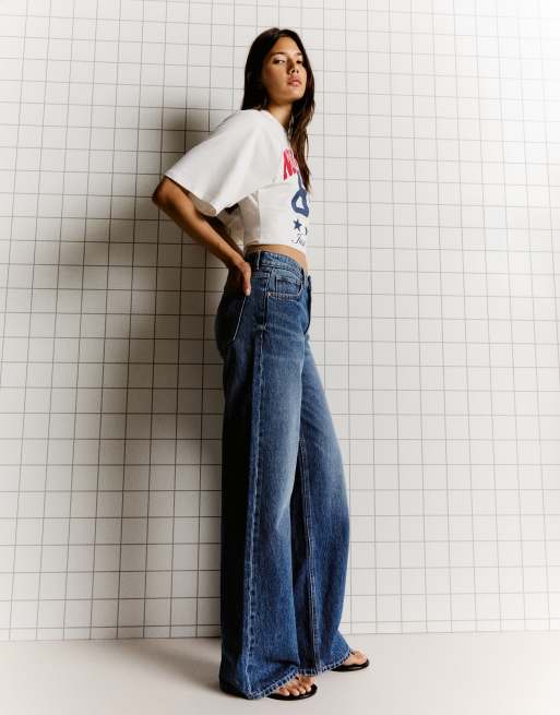 Bershka jeans blu a vita alta, gamba ampia e dritta, 4 di 5