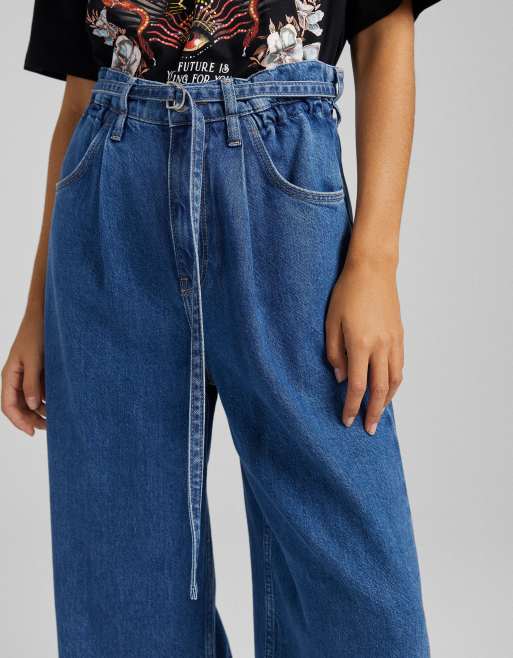 Bershka - Jeans blu medio a fondo ampio con allacciatura in vita, 2 di 4