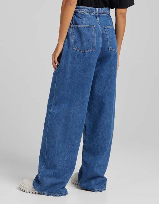Bershka - Jeans blu medio a fondo ampio con allacciatura in vita, 3 di 4