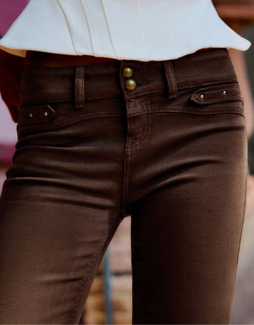 Bershka jeans capri con bottoni marroni, 4 di 5
