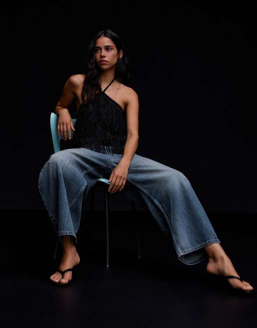 Bershka jeans cropped a gamba bombata blu medio, 2 di 5