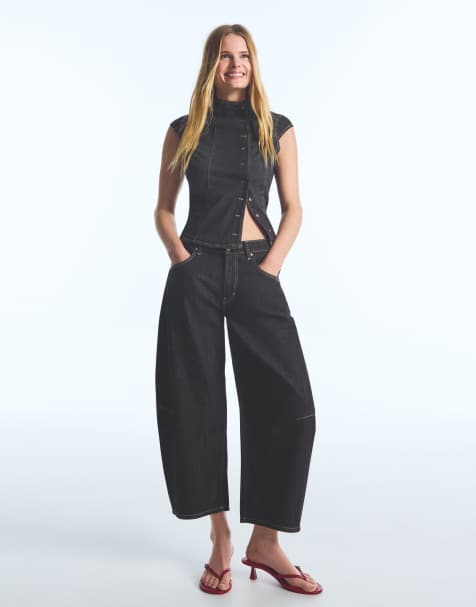 Bershka jeans cropped a gamba bombata blu - view 1