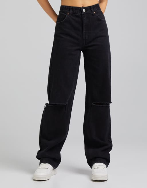 Bershka - Jeans dad fit con strappi, colore nero