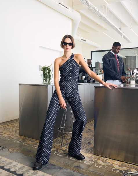 Bershka - Jeans dritti a fondo ampio a vita alta blu a pois - view 1