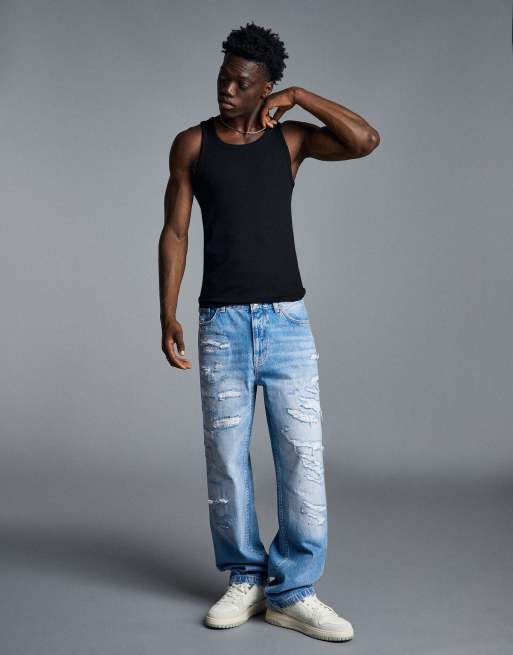 Bershka jeans dritti a gamba larga strappati blu medio, 2 di 5