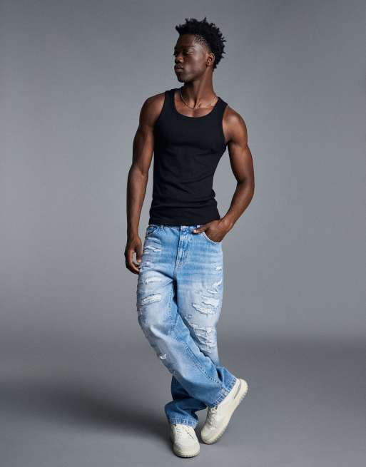 Bershka jeans dritti a gamba larga strappati blu medio, 3 di 5