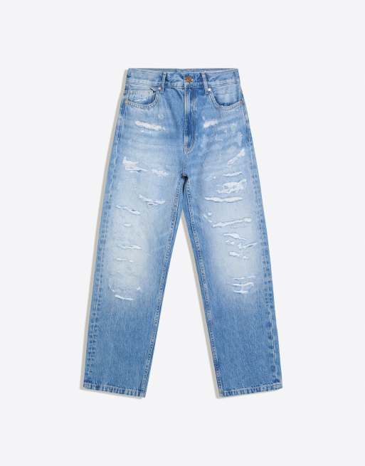 Bershka jeans dritti a gamba larga strappati blu medio, 5 di 5