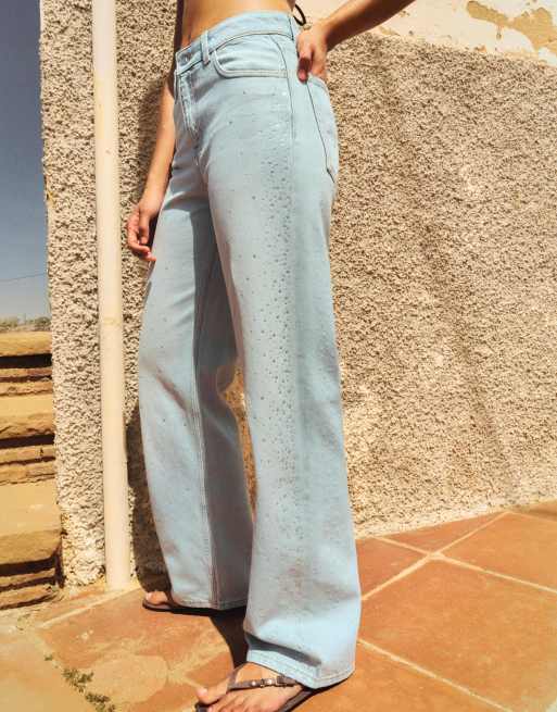 Bershka - Jeans dritti a vita alta luccicanti azzurro chiaro, 4 di 4