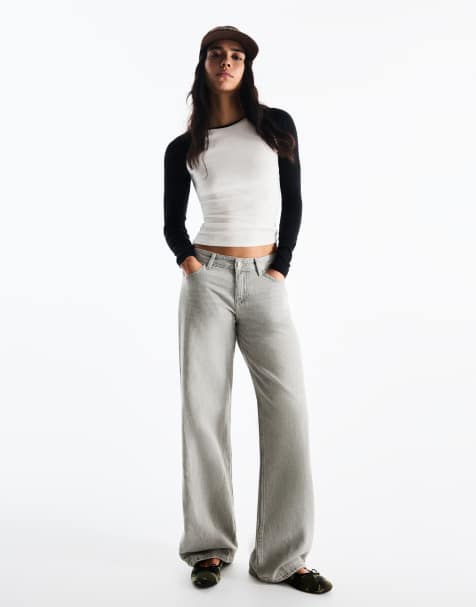 Bershka jeans dritti a vita bassa in grigio chiaro - view 1