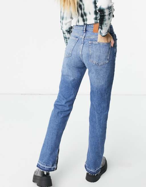 Bershka - Jeans dritti blu con strappi sulle ginocchia e spacchi laterali, 4 di 4