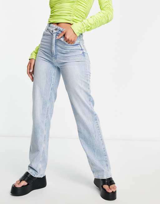 Bershka - Jeans dritti in cotone azzurri - LBLUE