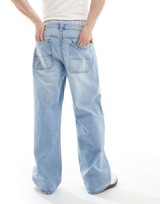 Bershka - Jeans extra ampi blu con fascia in vita stile boxer, 3 di 5
