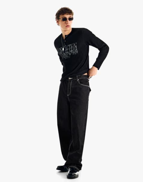 Bershka - Jeans extra larghi neri ricamati - view 1