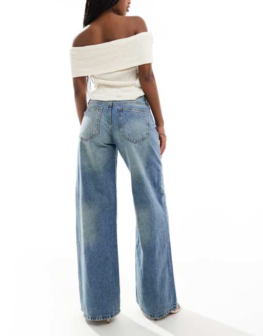 Bershka – Jeans in mittelblauer Dirty-Waschung mit hohem Bund und weitem Schnitt, 3 von 5